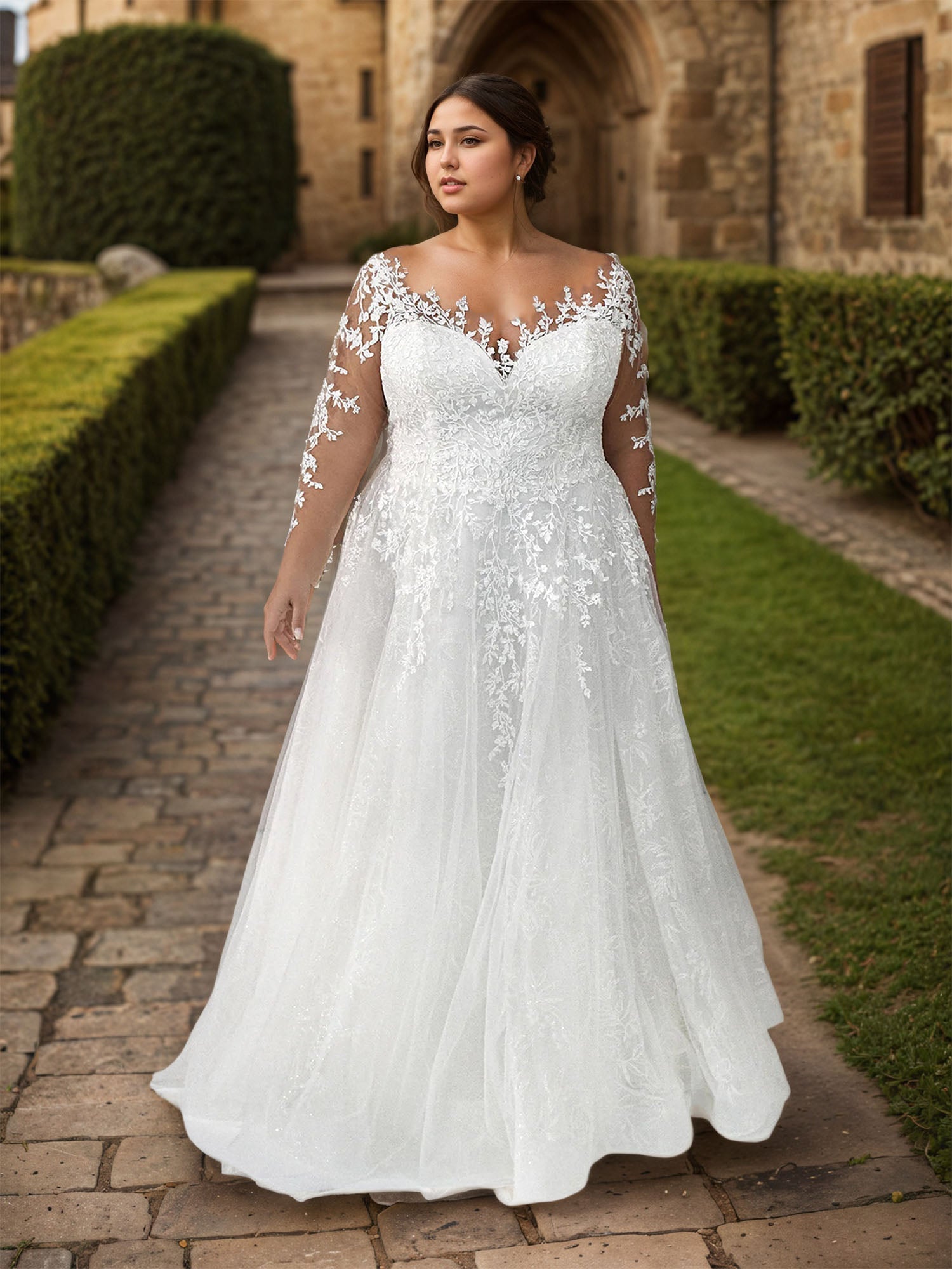 Long Sleeves White Bridal Gowns Plus Size Applique Wedding Dresses 2026