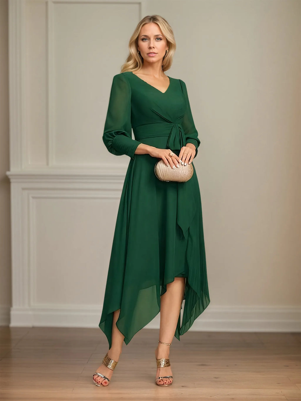 A-Linien V-Ausschnitt Asymmetrisches Chiffon Kleid für die Mutter der Braut mit Schleife und Plissee