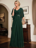 Etuikleid/Säule V-Ausschnitt bodenlanges Chiffon Mutter-der-Braut-Kleid mit plissierten Pailletten und Perlen