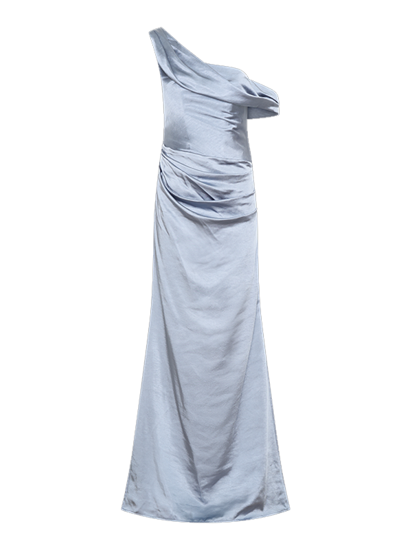 Vestido de fiesta formal azul de satén con un solo hombro, plisado, escote asimétrico y largo hasta el suelo