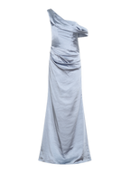 Vestido de fiesta formal azul de satén con un solo hombro, plisado, escote asimétrico y largo hasta el suelo