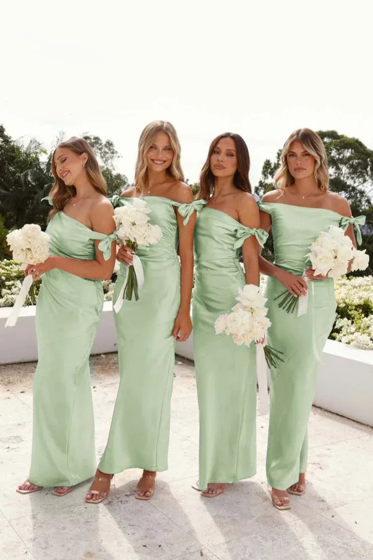 Off-Shoulder Sheath Pleated Satin Sky Blue Long Bridesmaid Dress