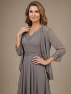 Vestido de madre de la novia línea A con escote en V, largo hasta el tobillo, gasa, lentejuelas, apliques, encaje y abalorios