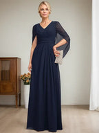 Dunkelmarineblaues A-Linien V-Ausschnitt langes Kleid für die Mutter der Braut
