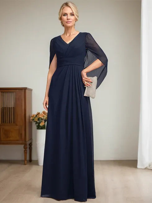 Dunkelmarineblaues A-Linien V-Ausschnitt langes Kleid für die Mutter der Braut