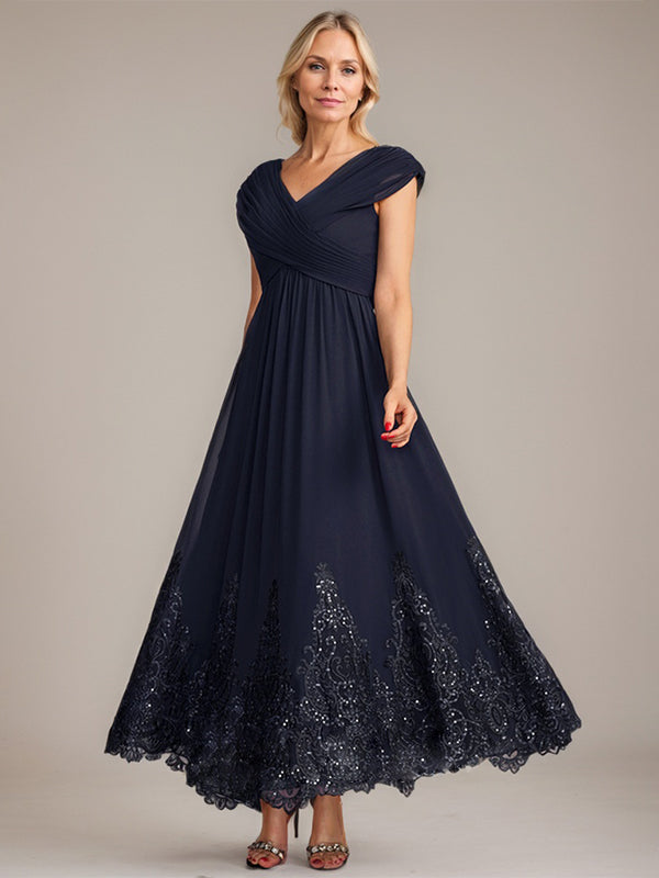 A-Linien V-Ausschnitt Knöchellanges Chiffon Kleid der Brautmutter mit Applikationen und Pailletten