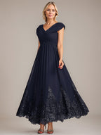 A-Linien V-Ausschnitt Knöchellanges Chiffon Kleid der Brautmutter mit Applikationen und Pailletten