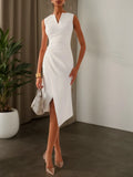 Robe midi blanche fourreau à col en V, sans manches, avec fente