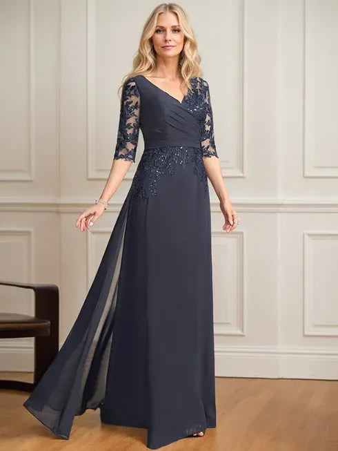 A-Linien V-Ausschnitt bodenlanges Spitzen-Chiffon Kleid der Brautmutter mit plissierten Pailletten