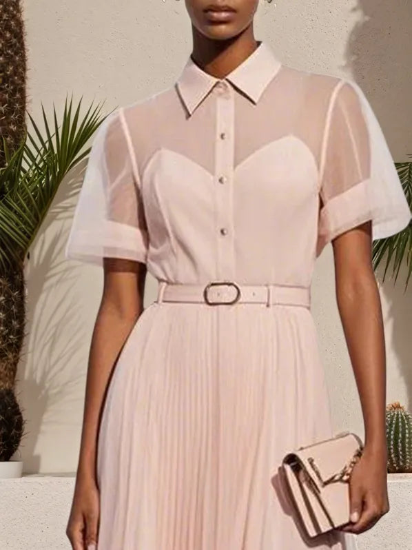 Robe midi plissée rose classique à col chemise et manches courtes ligne A
