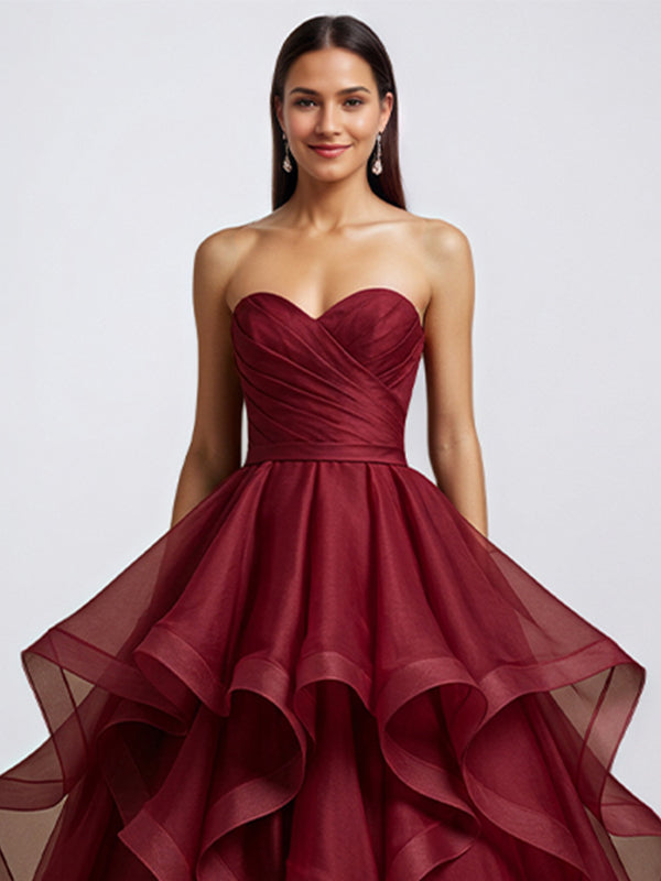 Burgundy A Line Strapless Wrinkles Long Formal Evening Dress