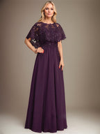 A-Linien Spitzen-Chiffon-Mutter-der-Braut-Kleid mit Bootsausschnitt, bodenlang und Applikations-Pailletten