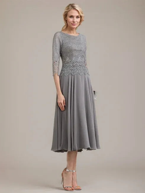 A-line Scoop Tea-Length Lace Chiffon Mother of the Bride Dress