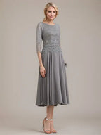 A-line Scoop Tea-Length Lace Chiffon Mother of the Bride Dress