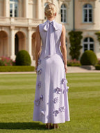 Robe longue en crêpe stretch A-line à col haut sans manches avec fleurs 3D