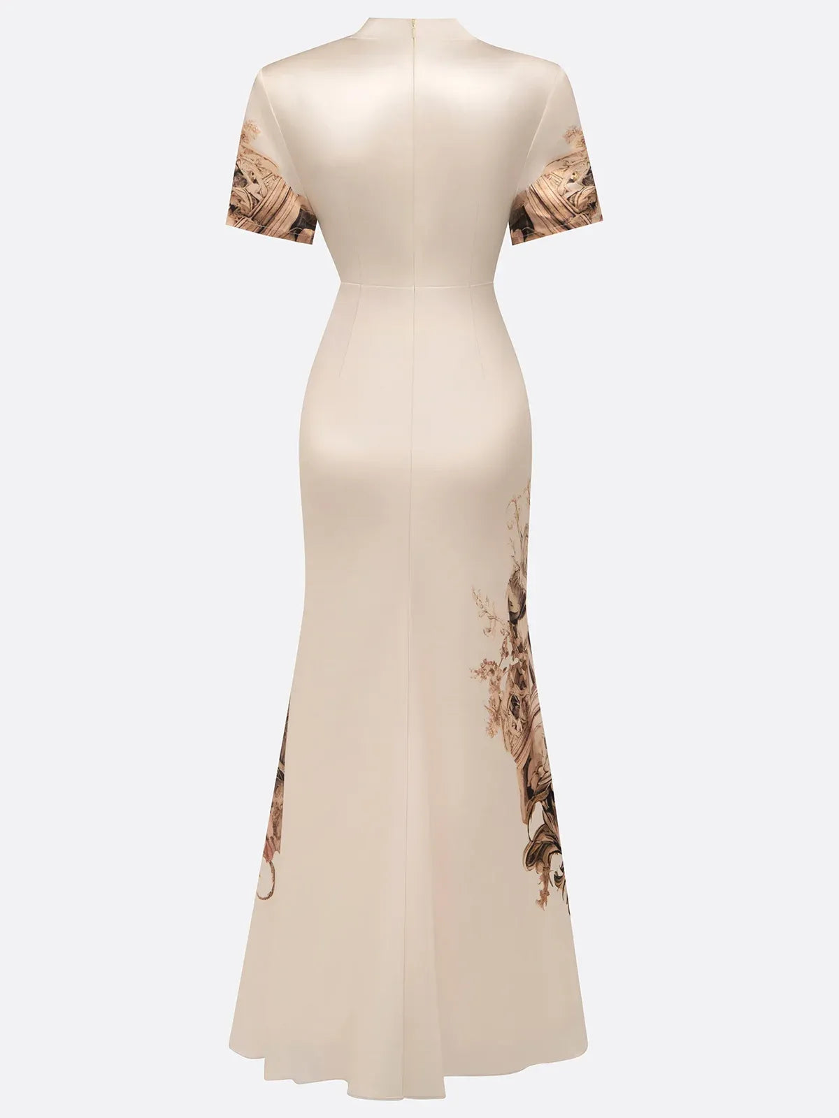 Abito sirena beige in raso floreale con scollo profondo a V e maniche corte