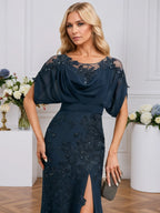 Sheath/Column Scoop Illusion Floor-Length Chiffon Lace Evening Dress With Pleated Sequins Beading