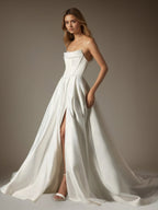Vestido de novia de satén sin tirantes en línea A con falda de gala blanca