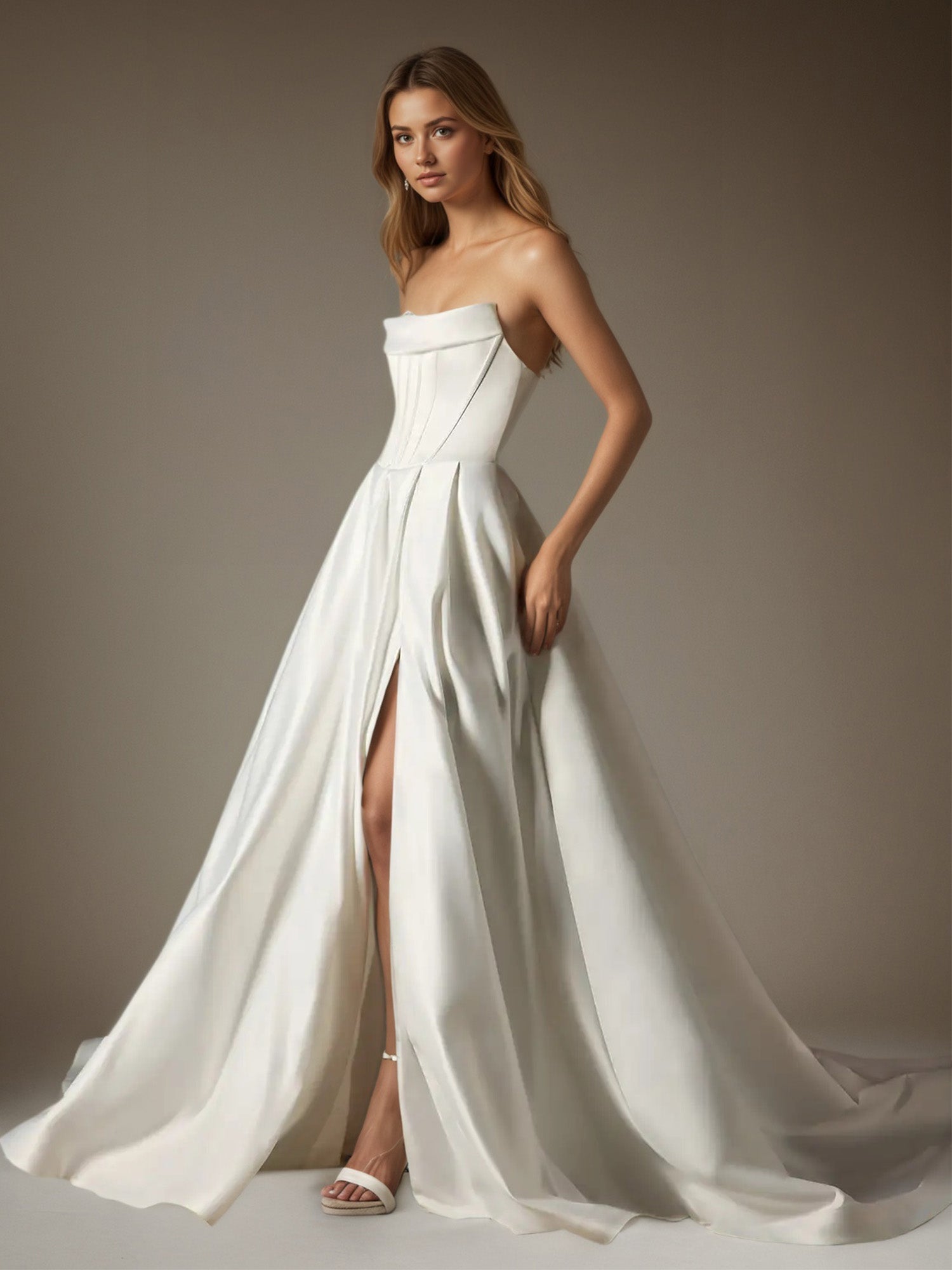 Vestido de novia de satén sin tirantes en línea A con falda de gala blanca