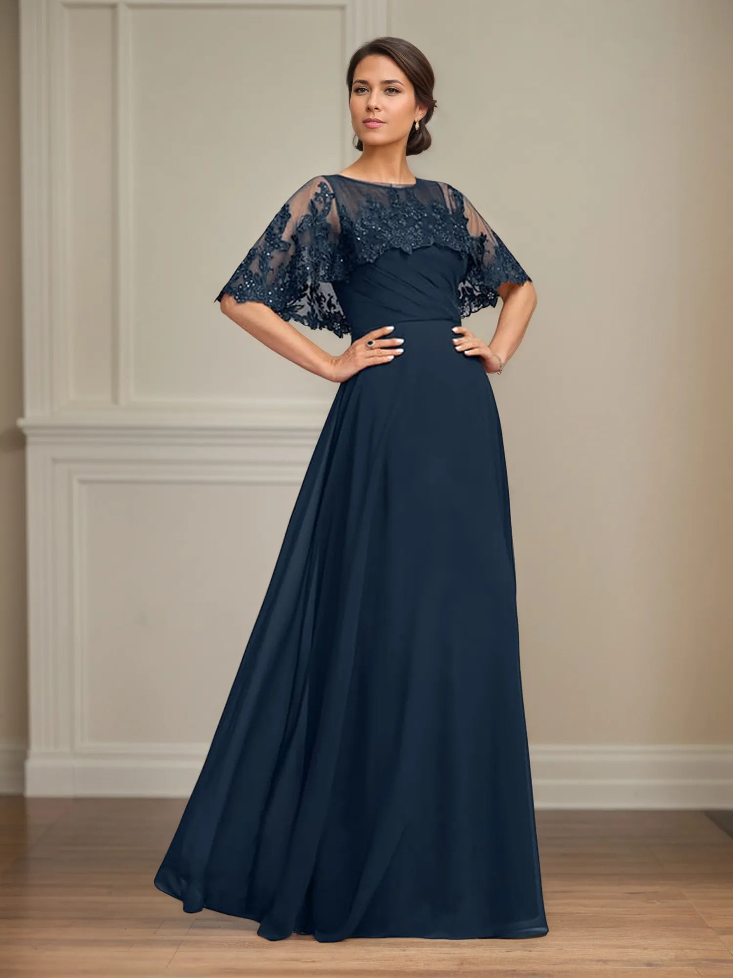 A Line Scoop Floor Length Chiffon Mother of the Bride Dress With Pleated Sequins