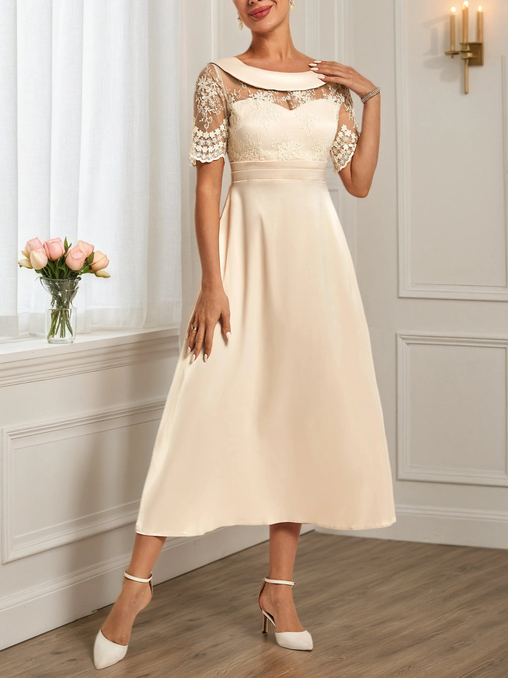 Beige Lace Satin Crew Neck Short Sleeve A-Line Midi Dress