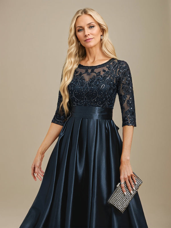 A-Linien Ausschnitt Illusions bodenlanges Stretch-Satin-Spitzenkleid für die Brautmutter mit Schleife und Pailletten