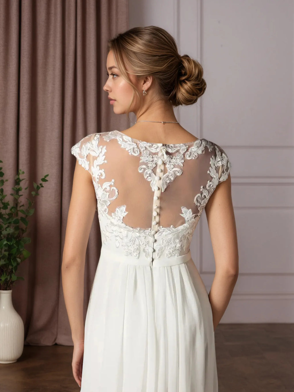 Vestido de novia línea A blanco con escote redondo y lentejuelas de gasa