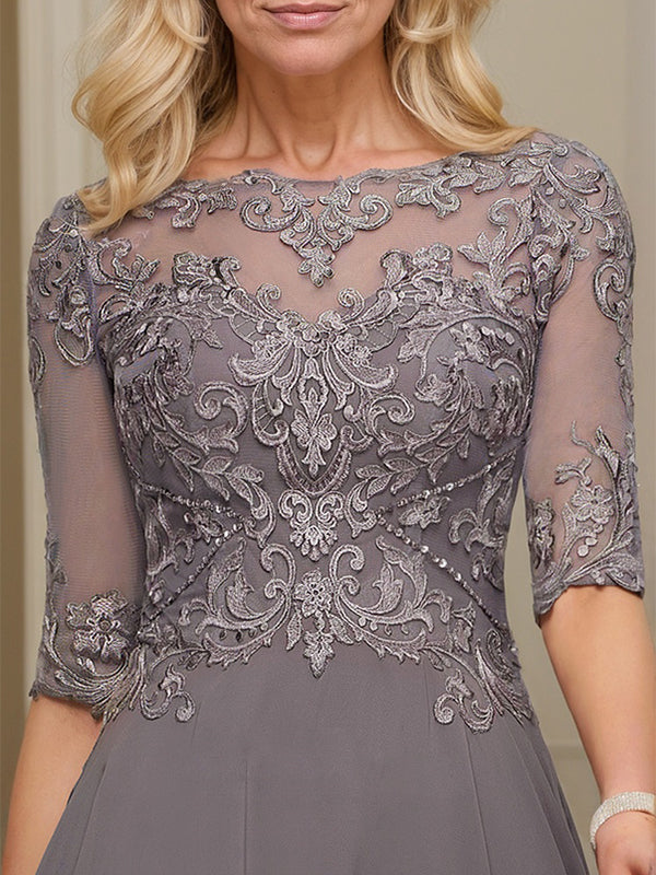A-Linien Bootsausschnitt Illusionskleid mit asymmetrischem Chiffon-Spitzenstoff, Mutter-der-Braut-Kleid mit Paillettenperlen