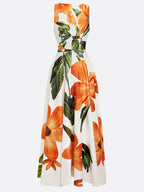 Robe maxi classique orange à fleurs col en V sans manches ligne A
