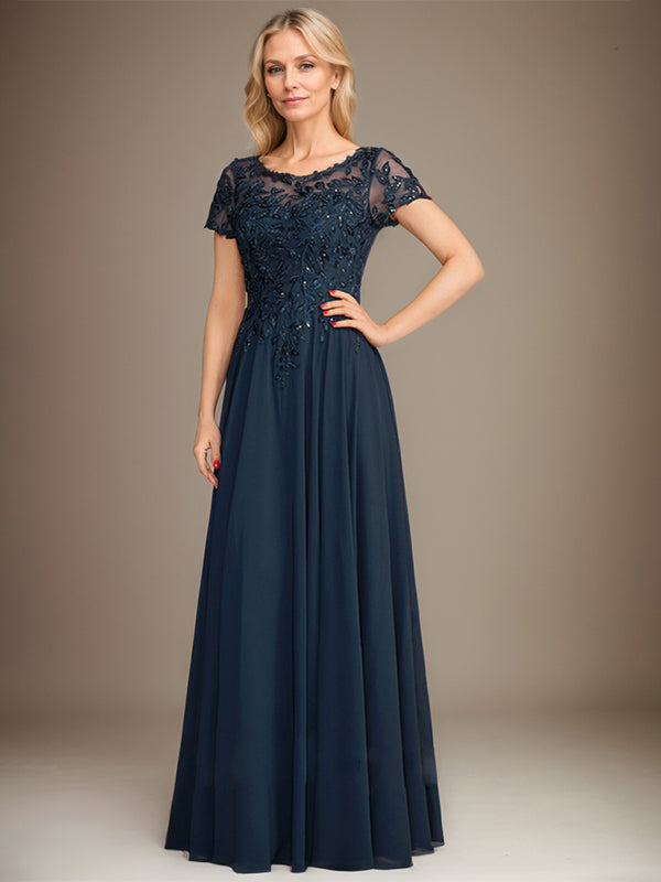 Robe de mère de la mariée en chiffon à coupe évasée, encolure arrondie, longueur au sol, avec appliques et sequins