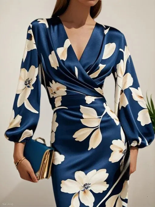 Vestido midi de satén azul floral con escote en V y mangas globo