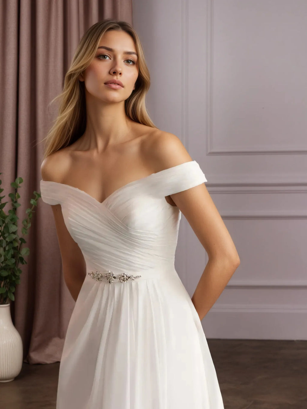 Robe de mariée blanche en mousseline ligne A à épaules dénudées avec paillettes