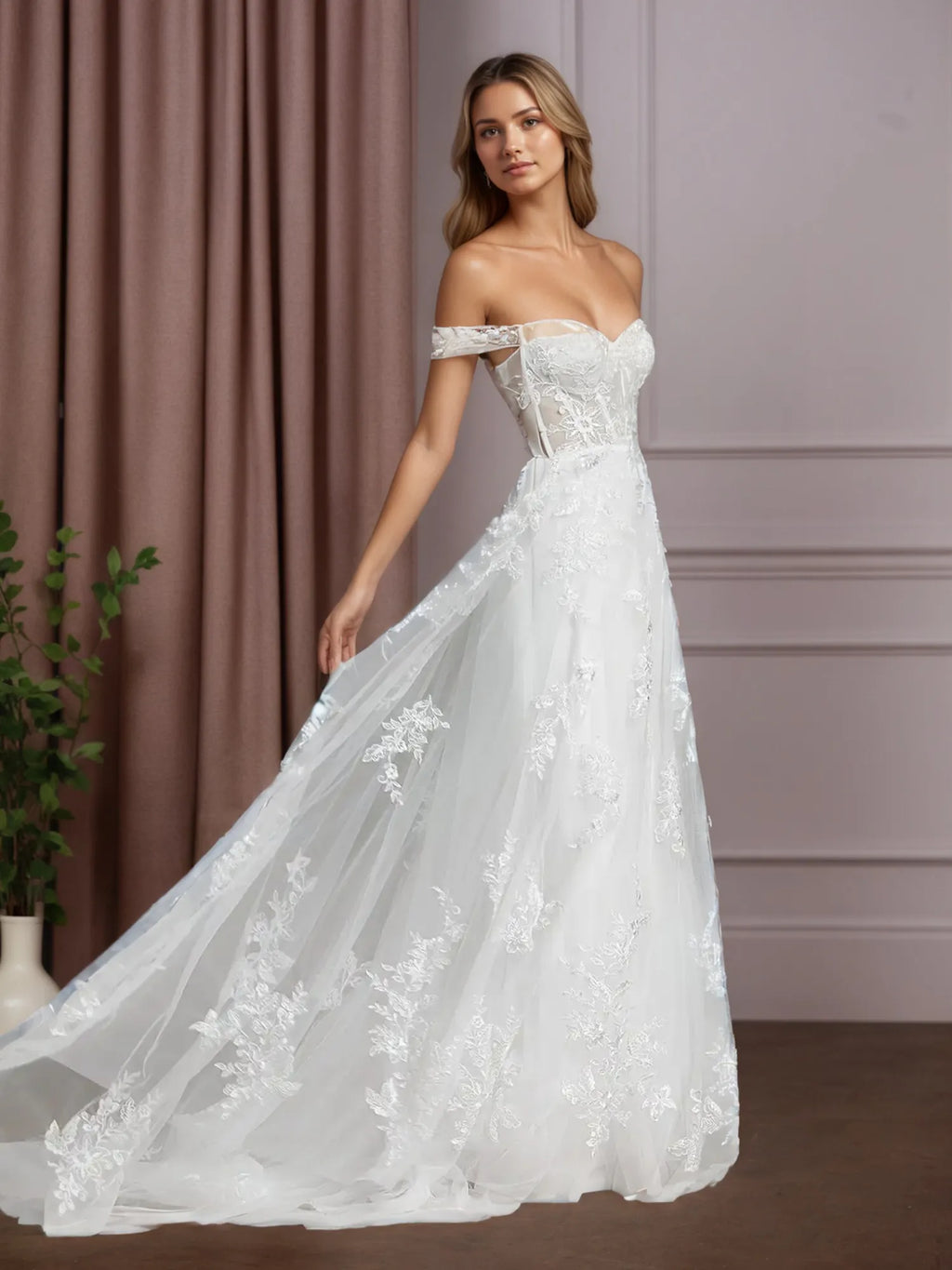 Vestido de novia blanco línea A con lentejuelas y tul