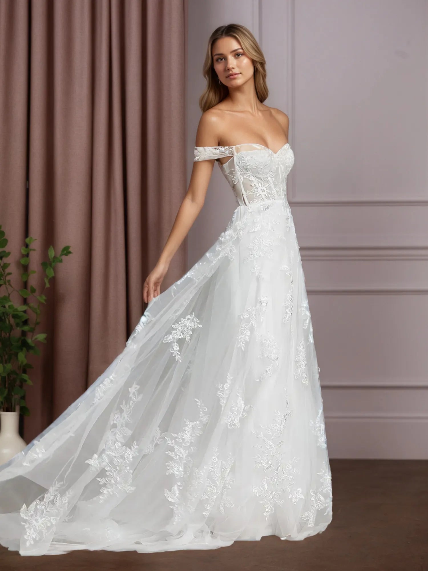 Vestido de novia blanco línea A con lentejuelas y tul