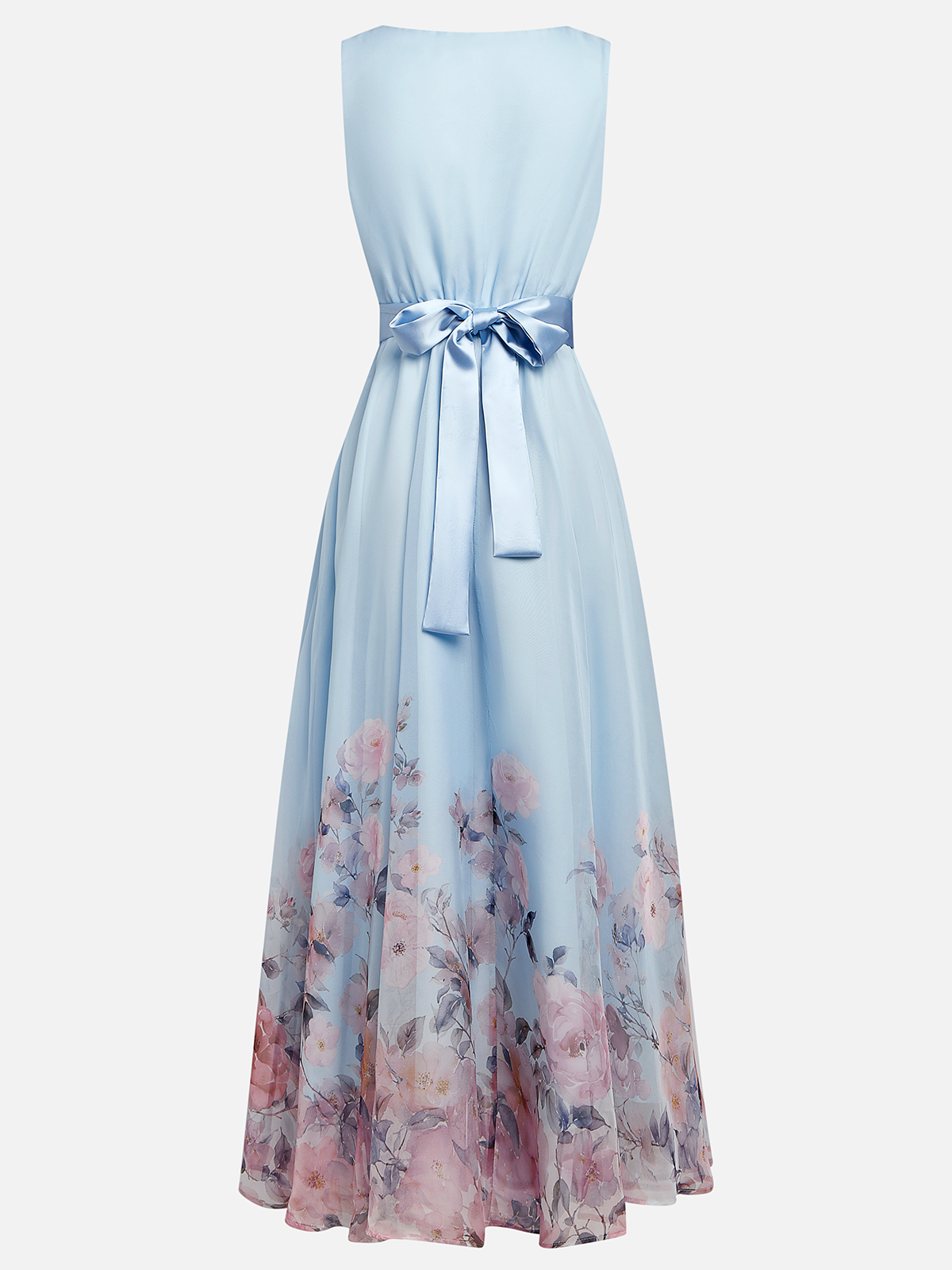 Hellblaues Blumen-Chiffon V-Ausschnitt Ärmelloses A-Linien Maxikleid