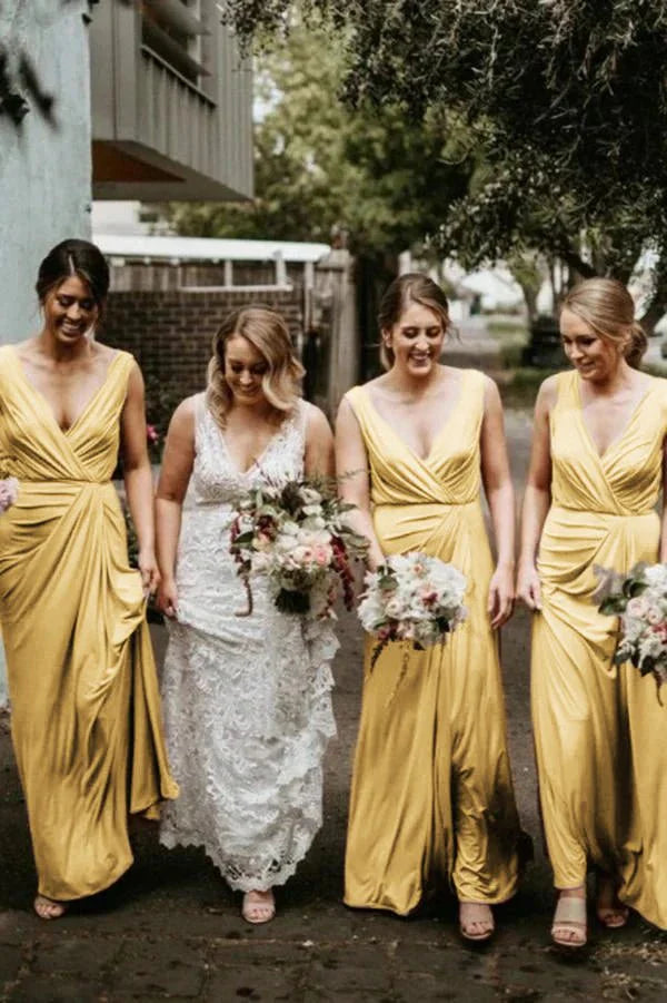 A Line Chiffon V Neck Sleeveless Floor Length Ruched Bridesmaid Dress