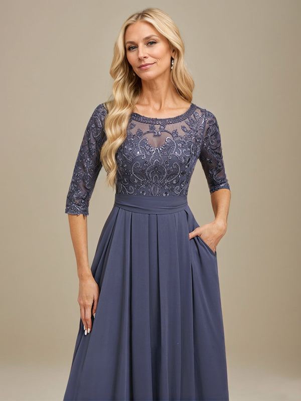 Vestido largo hasta el suelo en línea A con escote redondo, encaje y gasa para madre de la novia con apliques de lentejuelas
