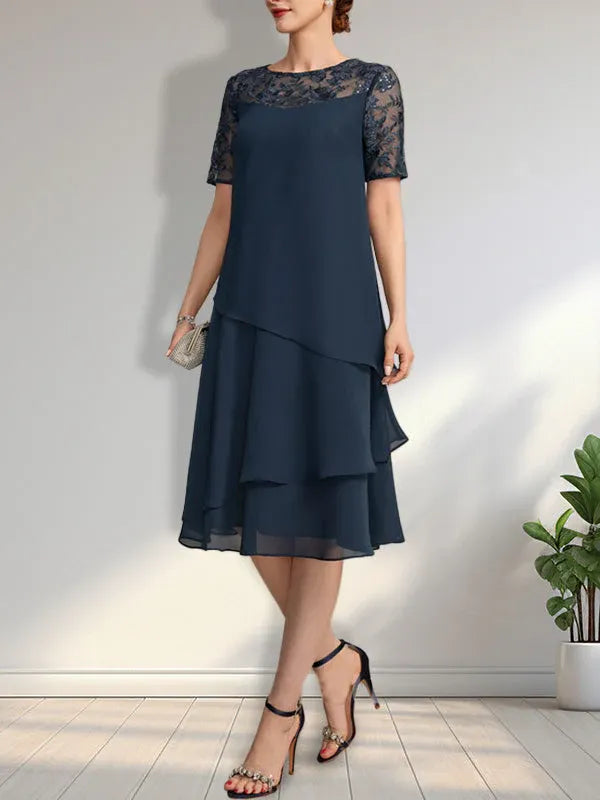 A-line Scoop Illusion Knee-Length Lace Chiffon Mother of the Bride Dress With Sequins