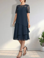 A-line Scoop Illusion Knee-Length Lace Chiffon Mother of the Bride Dress With Sequins