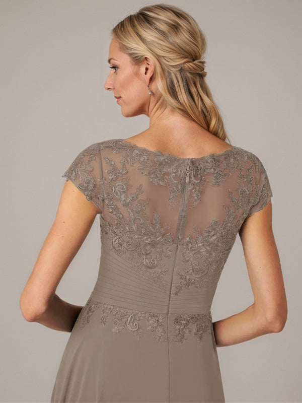 A-Linien Boot-Ausschnitt Illusions asymmetrisches Chiffon-Spitzen Mutterkleid der Braut mit Applikationsfalten