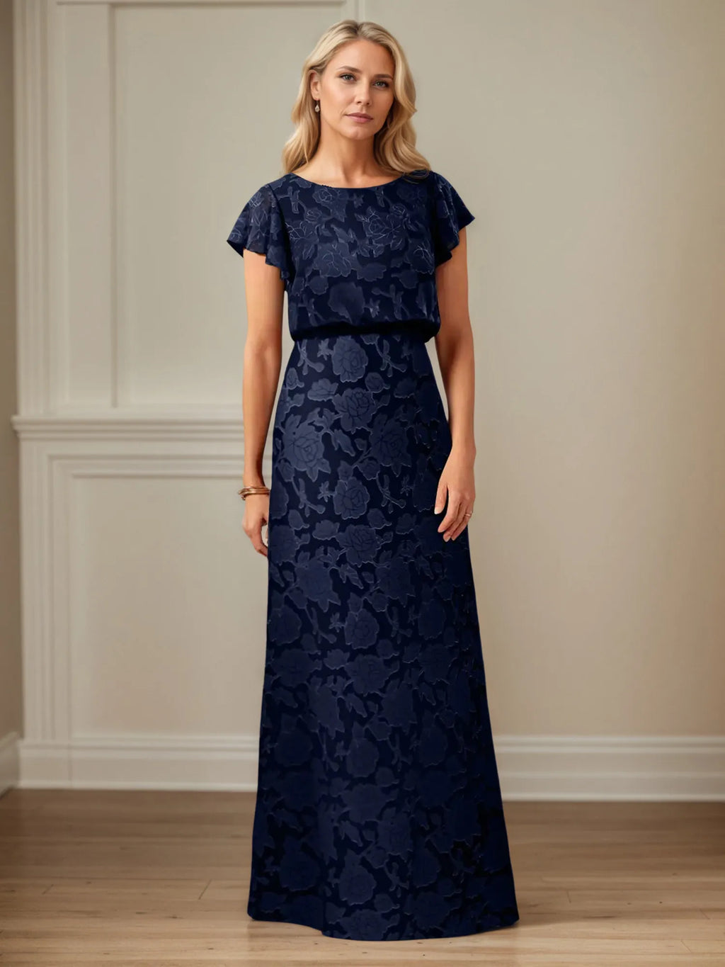 A Line Boat Neck Short Sleeve Floral Burnout Mother of the Bride Dress