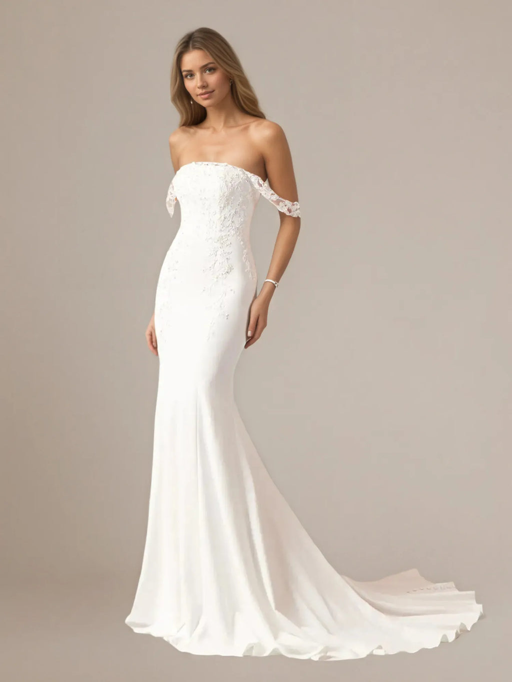 Vestido de novia blanco de sirena con lentejuelas y escote off the shoulder en crepé elástico