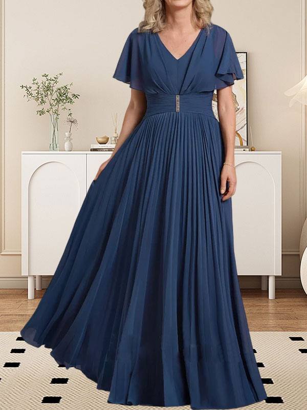A-Linien V-Ausschnitt Bodenlanges Chiffon Brautmutterkleid mit Kristallbrosche und Plisseefalten