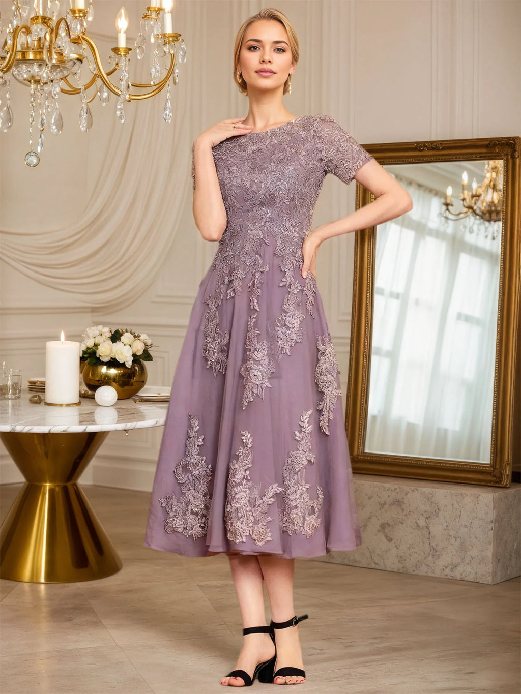 Abito da madre della sposa in chiffon a linea ad A, lunghezza tea, con scollo a U e applicazioni