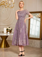 Abito da madre della sposa in chiffon a linea ad A, lunghezza tea, con scollo a U e applicazioni