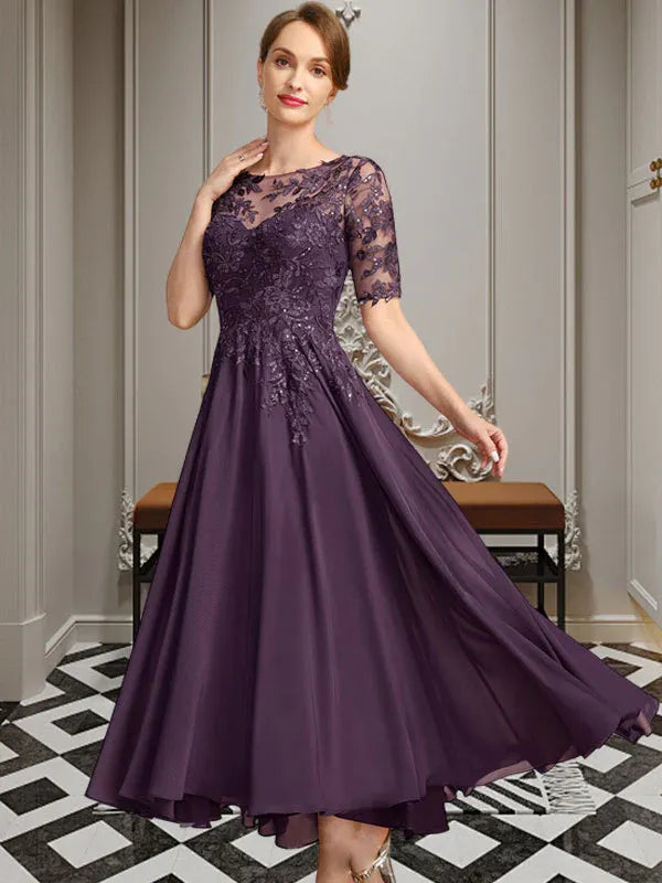 A-Linien Scoop-Ausschnitt Illusion asymmetrisches Chiffon-Spitzen-Mutter-der-Braut-Kleid mit Pailletten