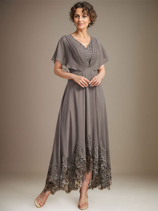 A-Linien-Kleid mit V-Ausschnitt, asymmetrischer Spitze, Chiffon, Mutter der Braut, mit Plisseefalten