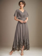 A-Linien-Kleid mit V-Ausschnitt, asymmetrischer Spitze, Chiffon, Mutter der Braut, mit Plisseefalten