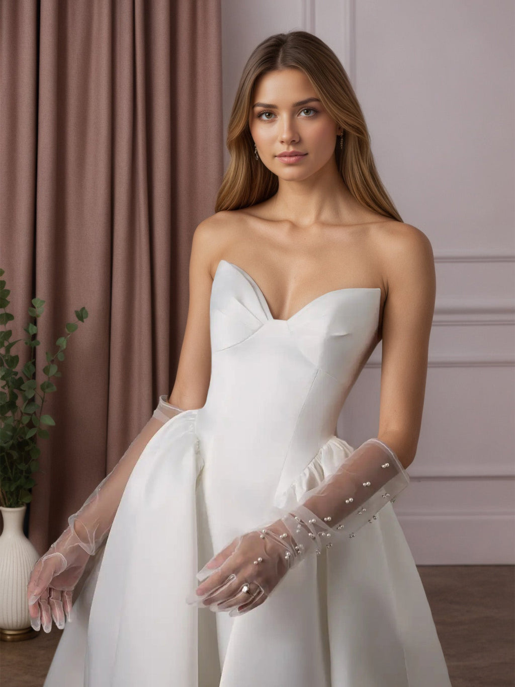 Vestido de novia blanco en línea A sin tirantes de satén