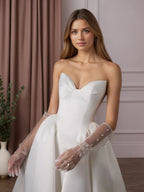Vestido de novia blanco en línea A sin tirantes de satén